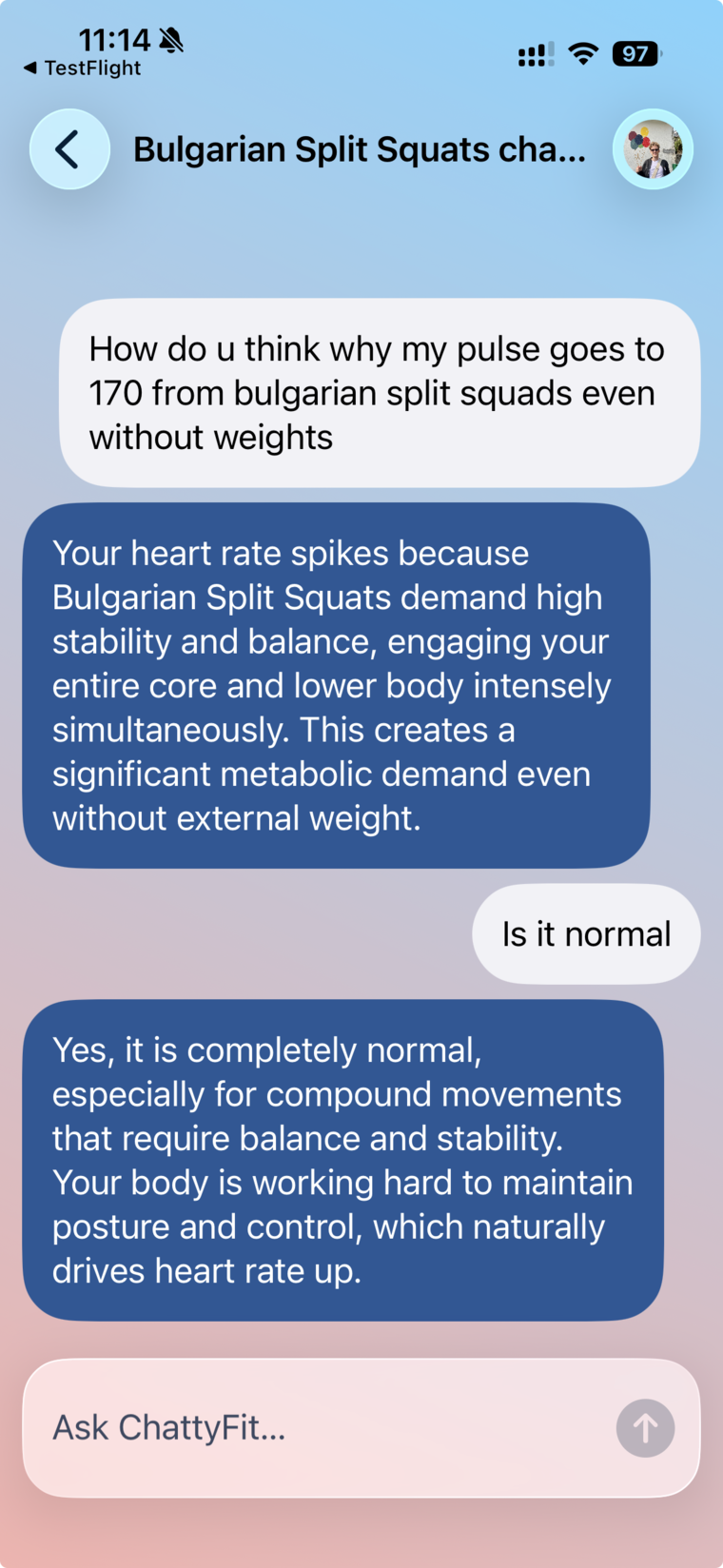ChattyFit chat explaining why heart rate can climb during Bulgarian split squats