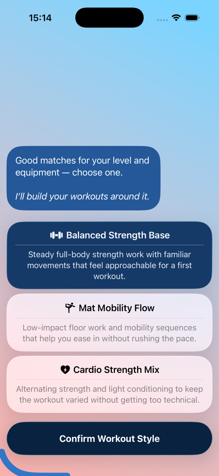 ChattyFit onboarding screen recommending workout styles based on level and available equipment