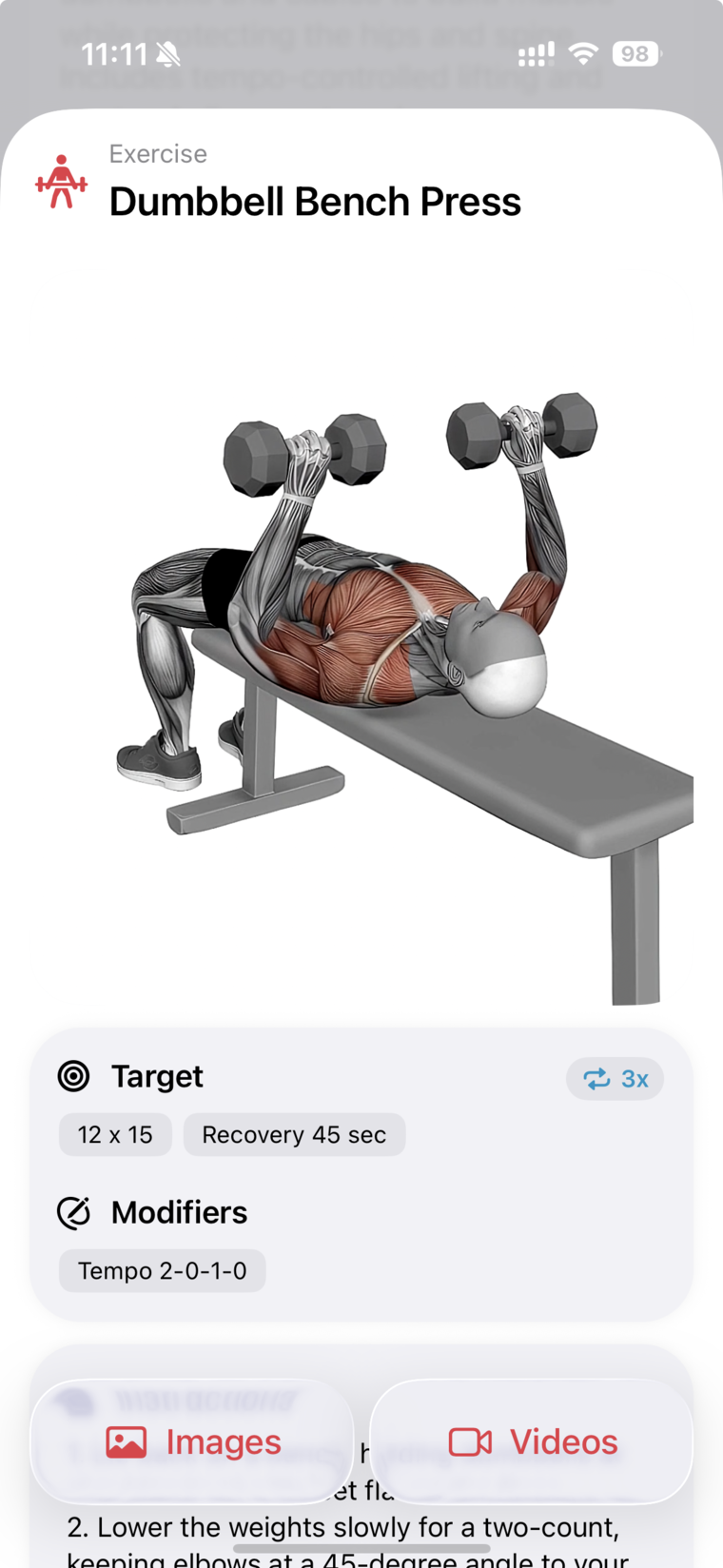 ChattyFit dumbbell bench press details with target muscles, rest, images, and videos