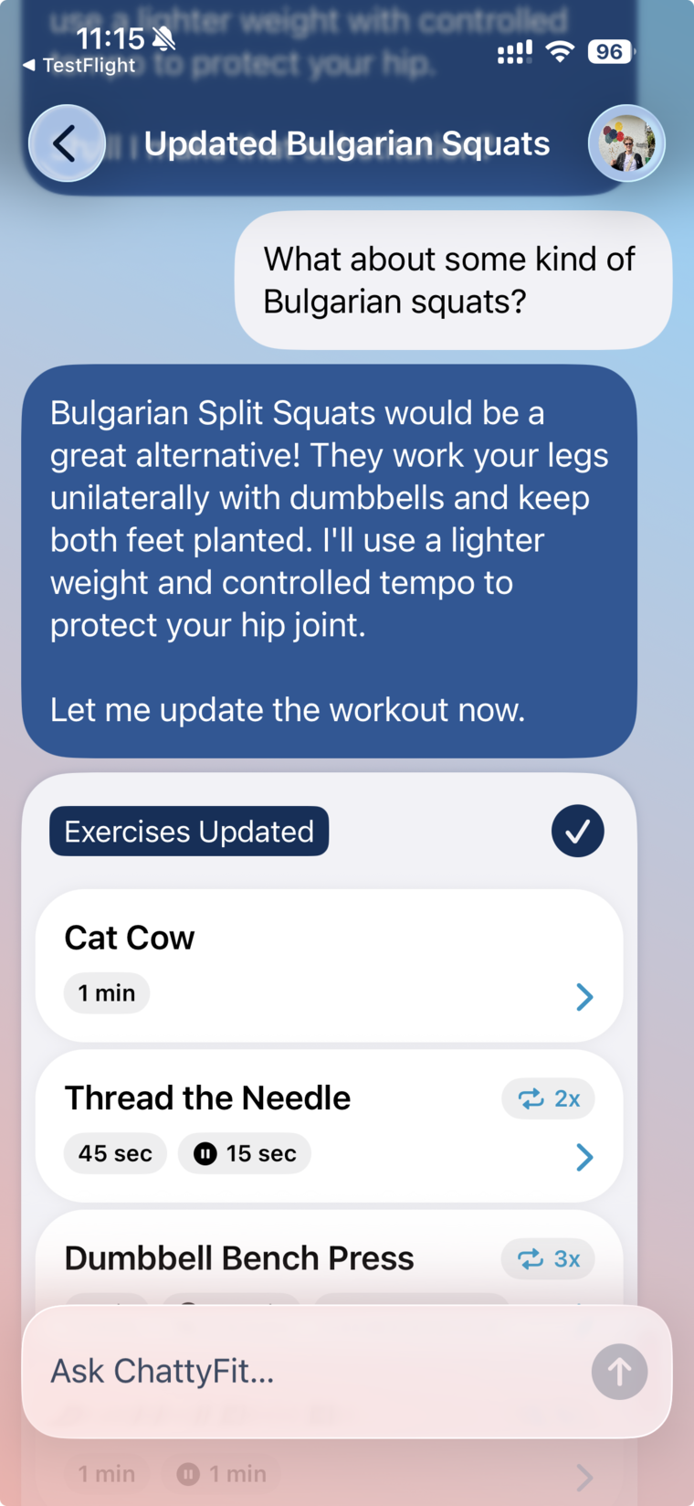 ChattyFit chat updating a workout after a user asks to replace Bulgarian split squats