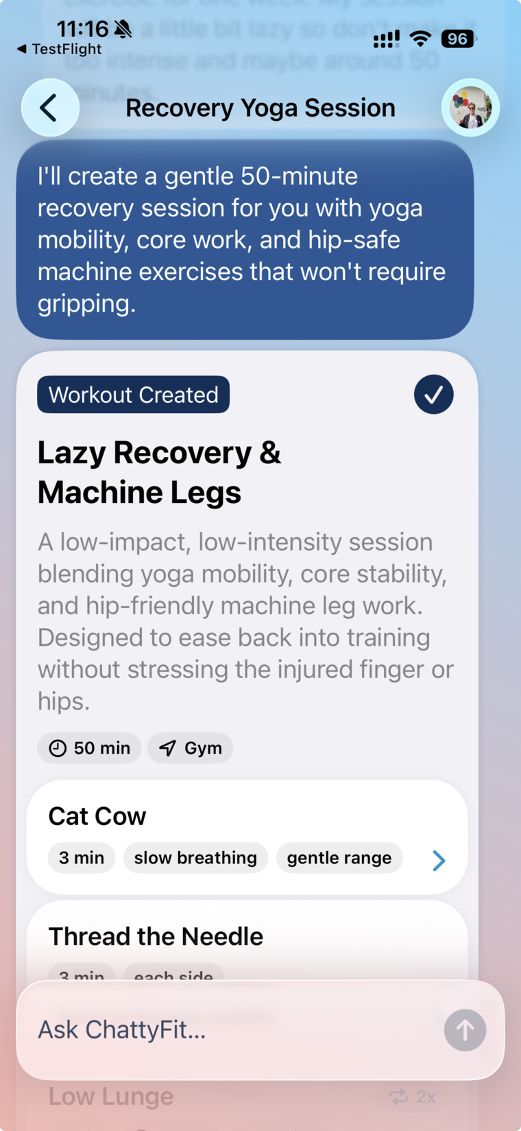 ChattyFit recovery yoga workout created screen with start, edit, and ask actions