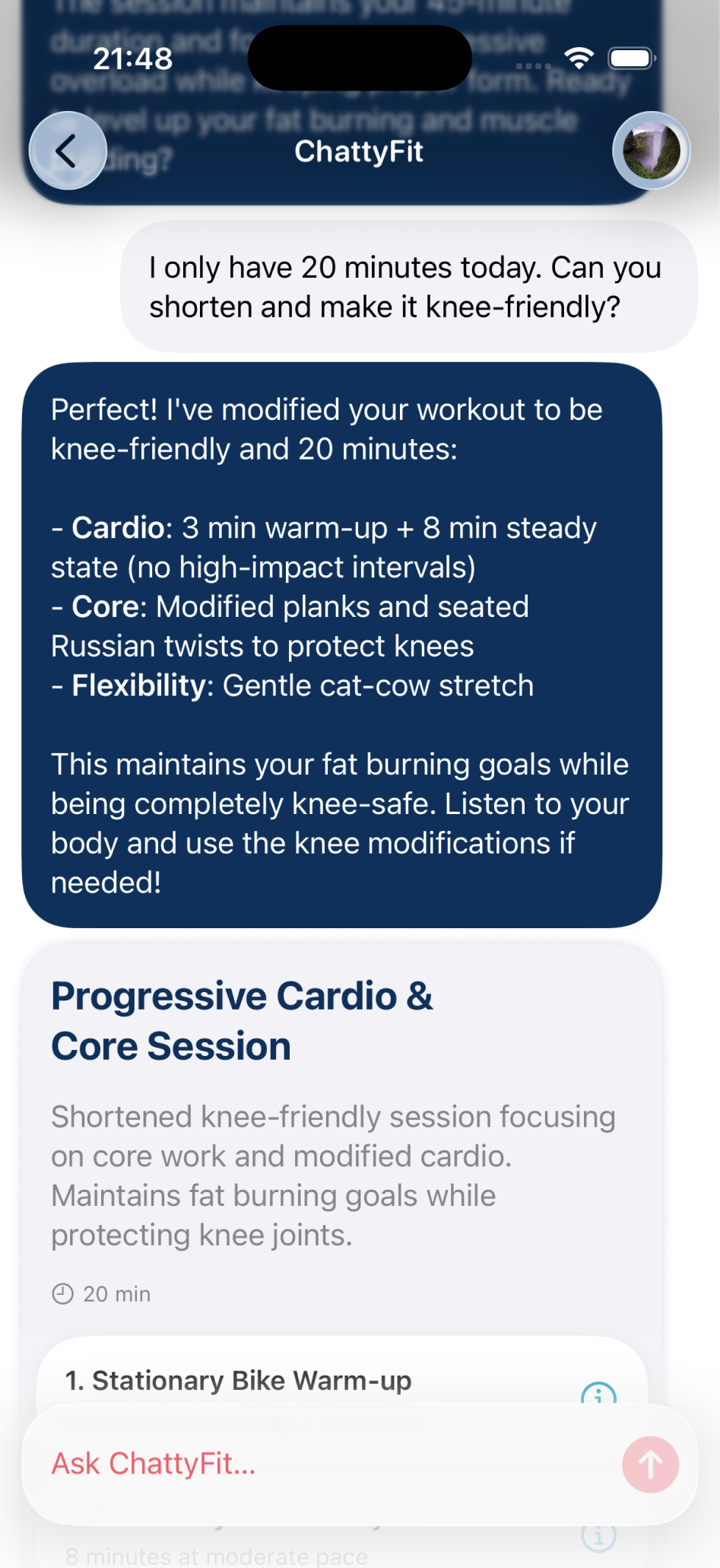 ChattyFit creating personalized workout plan